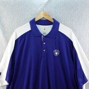 Milwaukee Brewers Polo Shirt Mens XL Blue White MLB Baseball Antigua Performance